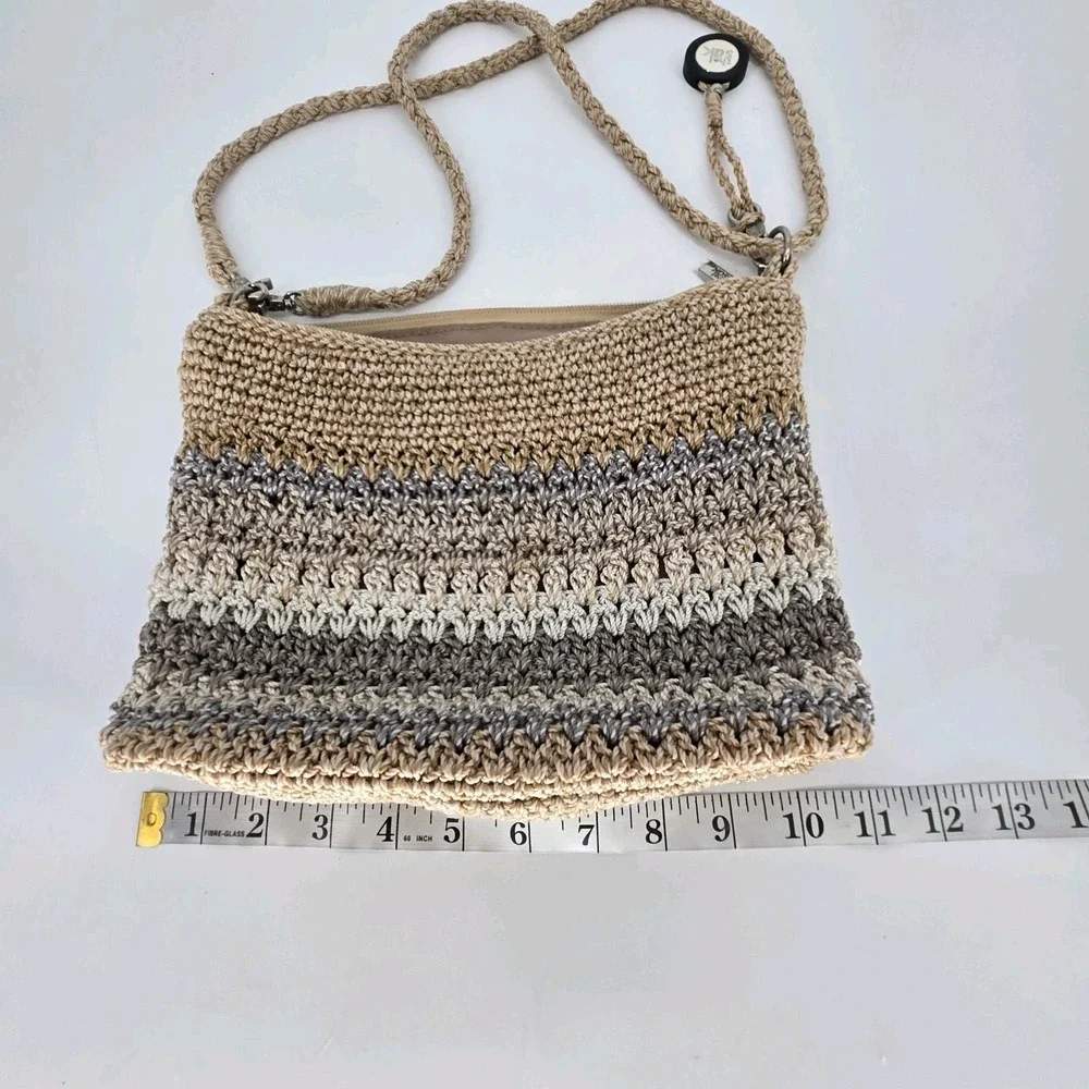 The Sak Crochet Shoulder Bag Tan Brown Striped Boho Purse Detachable Straps